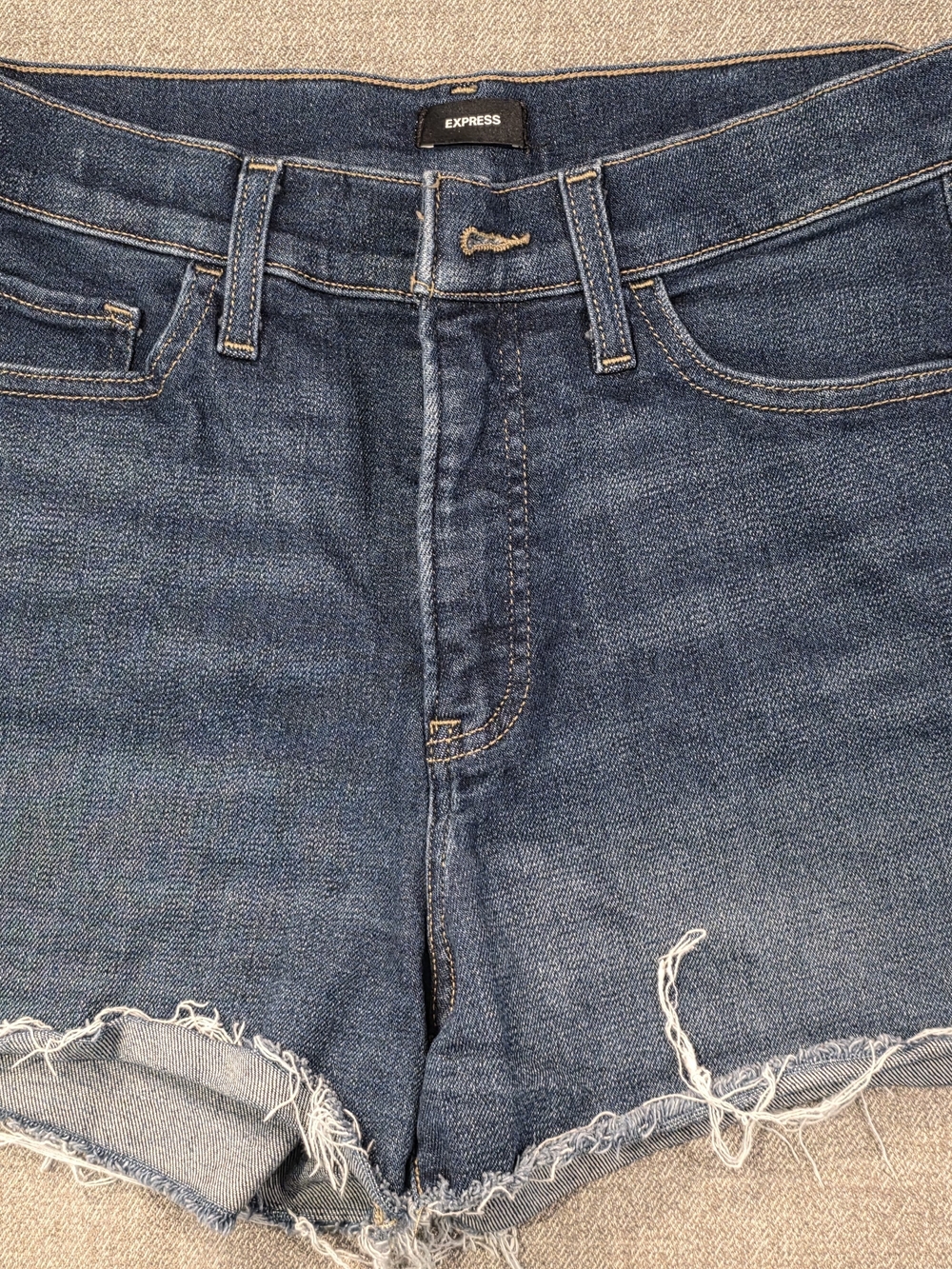 Express Dark Blue Frayed Hem Denim Shorts